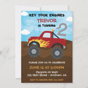 Red Monster Truck 2nd Birthday Party Invitation