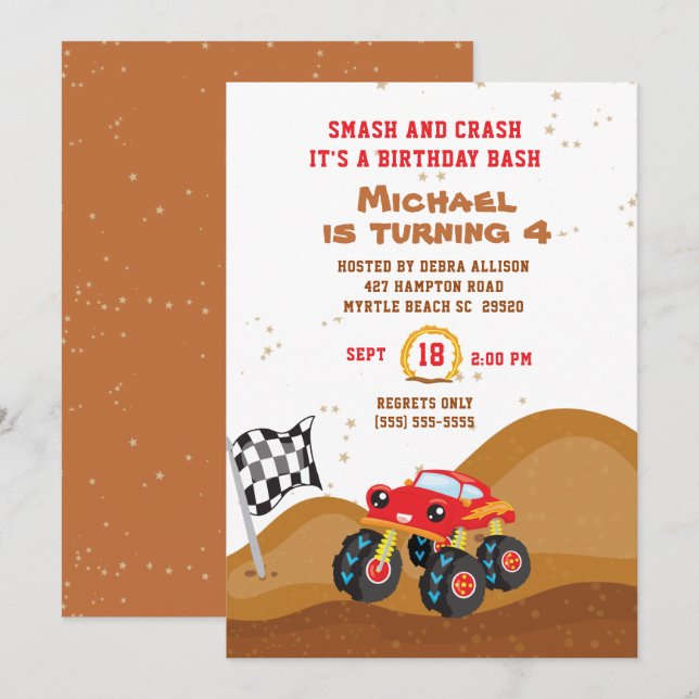 Red Monster Truck 4th  Birthday Racing  Invitation (Front/Back)