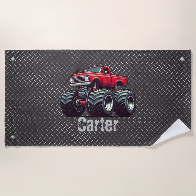 Red monster truck  beach towel (Front)