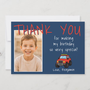 Red Monster Truck Birthday Boy Photo Thank You Card