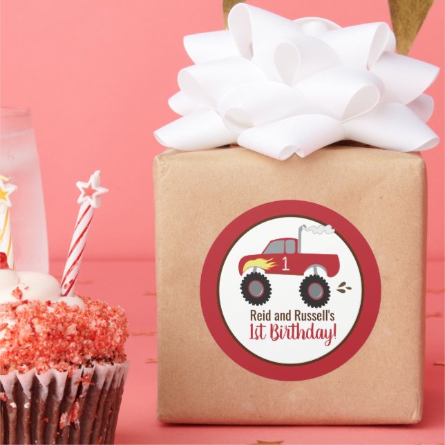 Red Monster Truck Birthday Favour  Classic Round Sticker (Party)