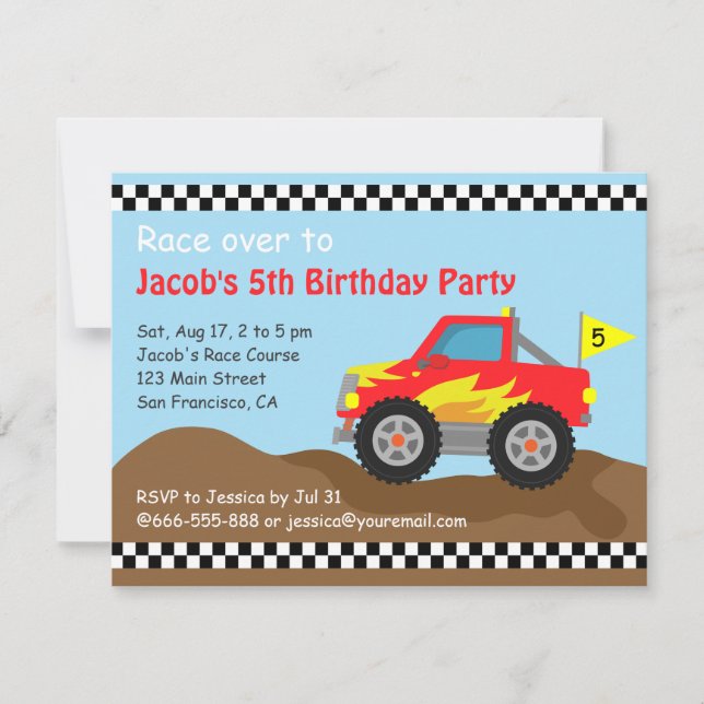Red Monster Truck Birthday Party, For Kids Invitation (Front)