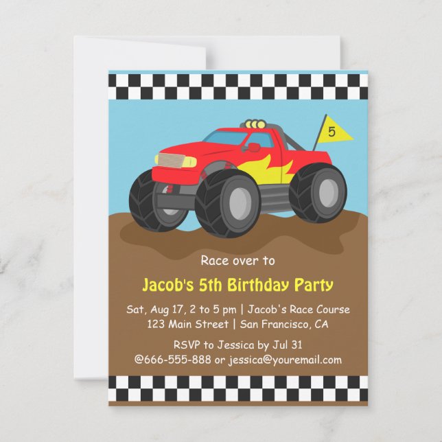 Red Monster Truck Birthday Party Invitation (Front)