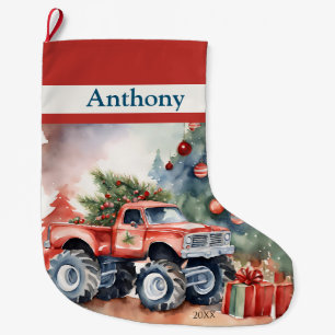 Red Monster Truck Boys Large Christmas Stocking