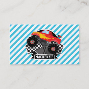 Red Monster Truck; Chequered Flag; Blue Stripes Business Card