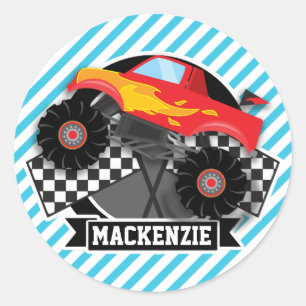 Red Monster Truck; Chequered Flag; Blue Stripes Classic Round Sticker