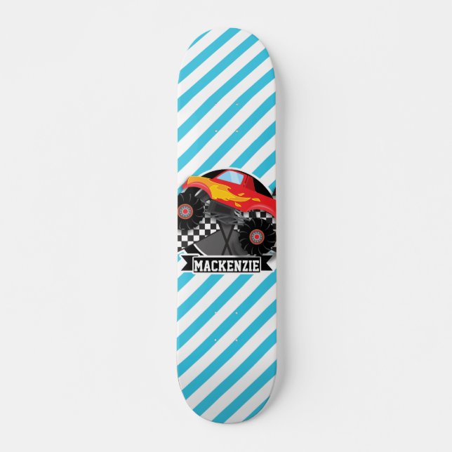 Red Monster Truck; Chequered Flag; Blue Stripes Skateboard (Front)