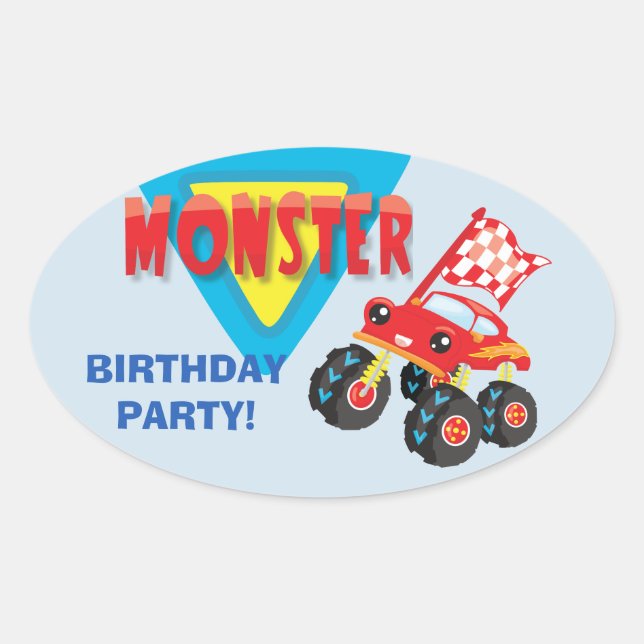 Red Monster Truck Kids Birthday Party Oval Sticker (Front)