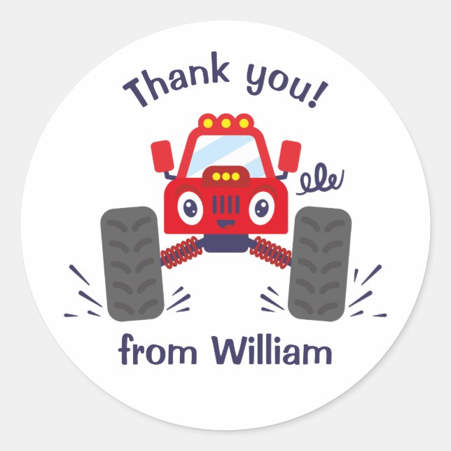 Red Monster Truck Thank You Classic Round Sticker (Front)