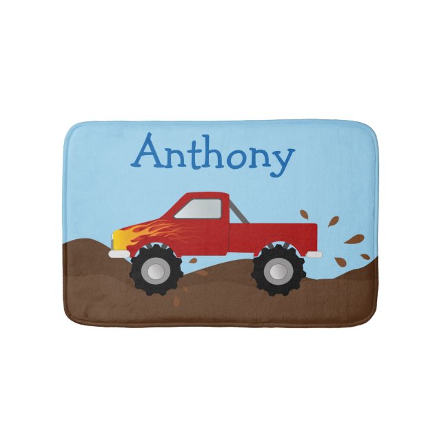 Red Monster Truck With Flames Bath Mat (Front)
