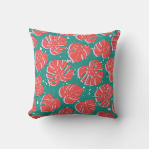 Red monstera: green tropical pattern cushion