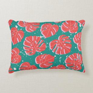 Red monstera: green tropical pattern decorative cushion