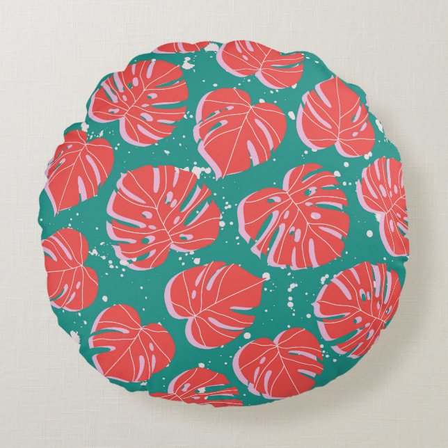 Red monstera: green tropical pattern round cushion (Front)