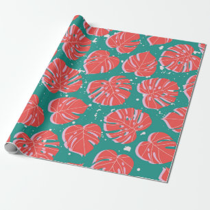 Red monstera leaves on green seamless pattern. Tre Wrapping Paper