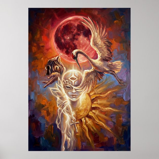 Red Moon Crane Symbolic Art Poster (Front)