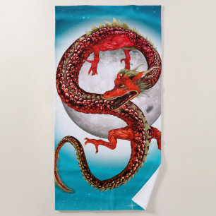 Red Moon Dragon Celestial Fantasy Art Beach Towel