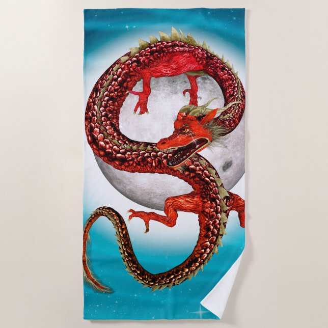 Red Moon Dragon Celestial Fantasy Art Beach Towel (Front)