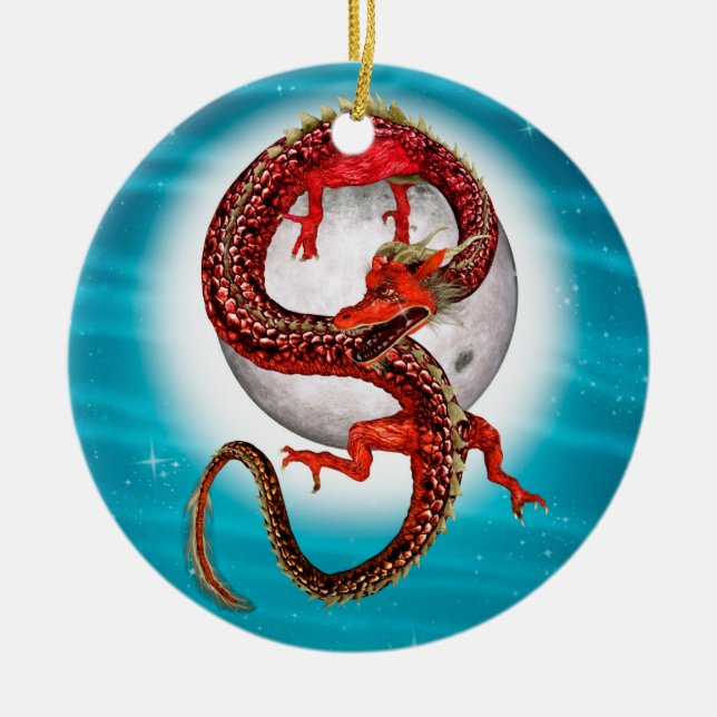 Red Moon Dragon Celestial Fantasy Art Ceramic Tree Decoration (Front)