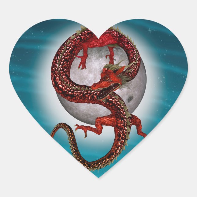 Red Moon Dragon Celestial Fantasy Art Heart Sticker (Front)