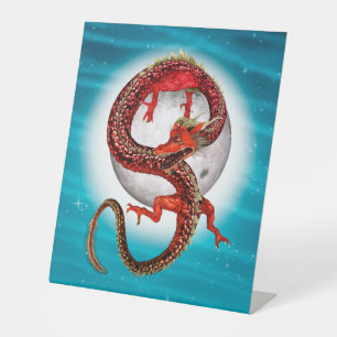 Red Moon Dragon Celestial Fantasy Art Pedestal Sign