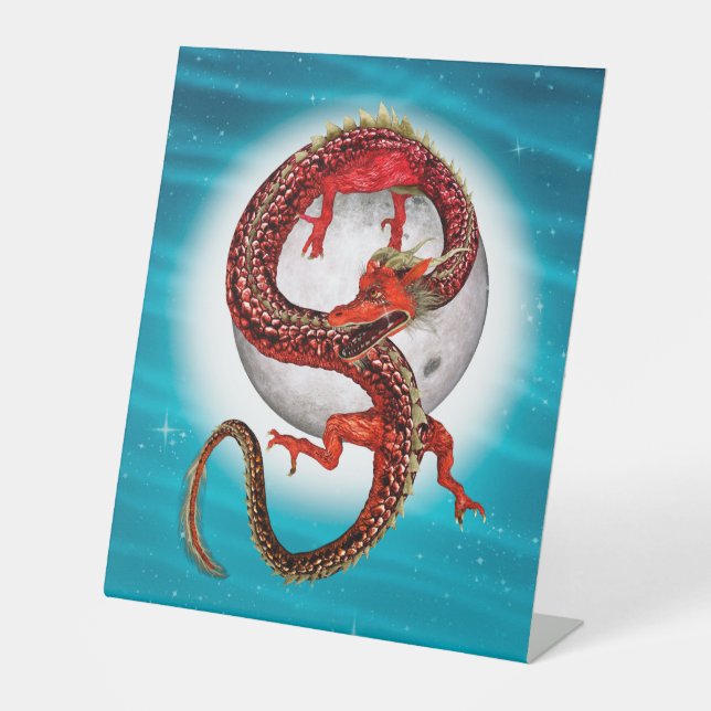 Red Moon Dragon Celestial Fantasy Art Pedestal Sign (Front)