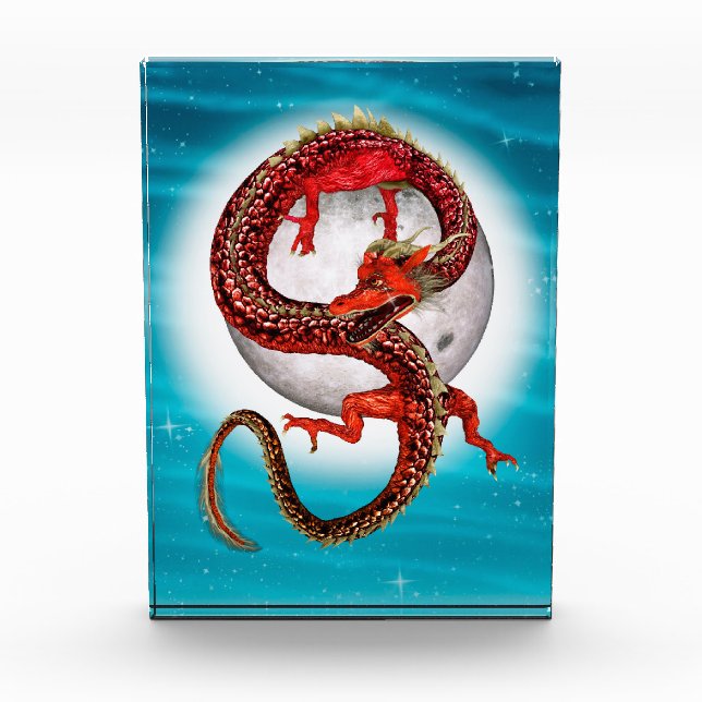 Red Moon Dragon Celestial Fantasy Art Photo Block (Front)