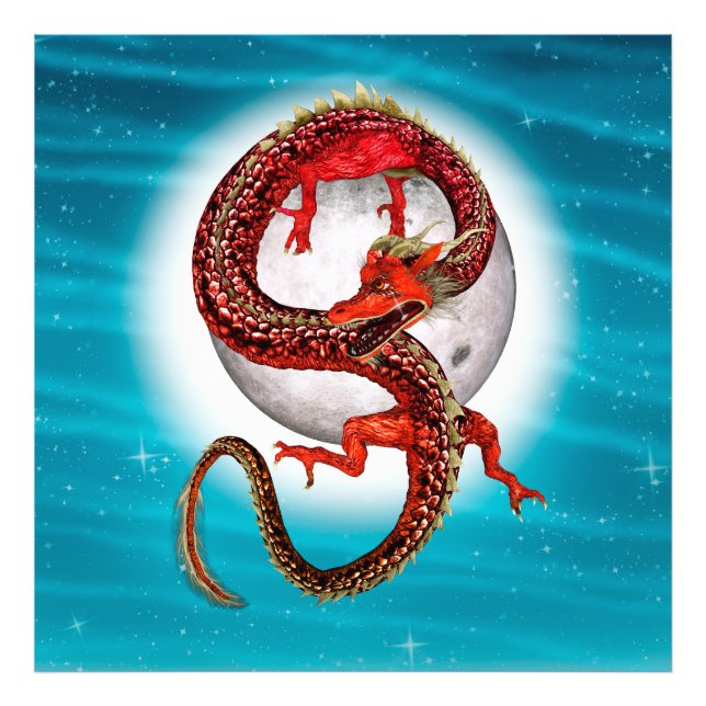 Red Moon Dragon Celestial Fantasy Art Photo Print (Front)