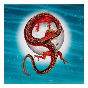 Red Moon Dragon Celestial Fantasy Art Poster
