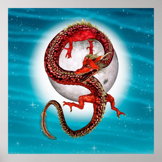Red Moon Dragon Celestial Fantasy Art Poster (Front)