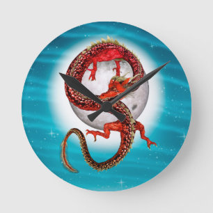 Red Moon Dragon Celestial Fantasy Art Round Clock