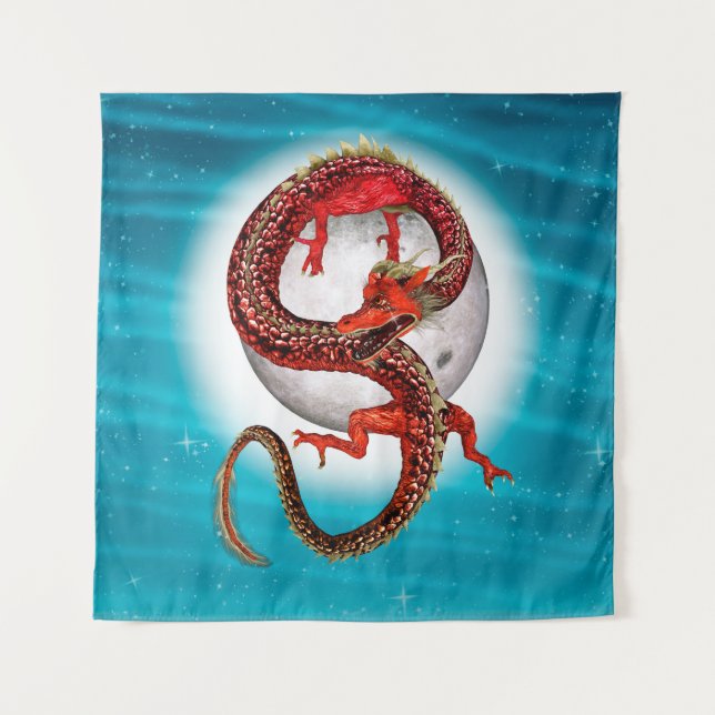 Red Moon Dragon Celestial Fantasy Art Tapestry (Front)