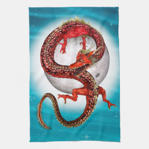 Red Moon Dragon Celestial Fantasy Art Tea Towel