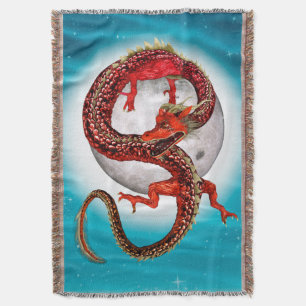Red Moon Dragon Celestial Fantasy Art Throw Blanket
