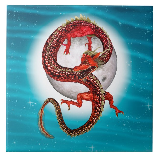 Red Moon Dragon Celestial Fantasy Art Tile (Front)