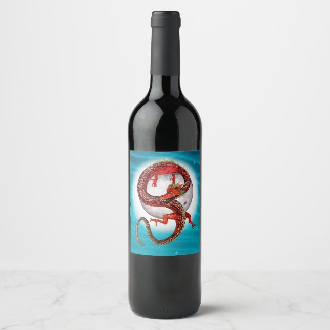 Red Moon Dragon Celestial Fantasy Art Wine Label (Front)