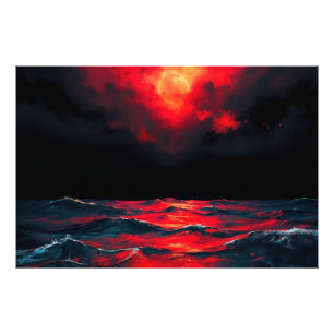 Red Moon Over Dark Ocean Dramatic Fantasy Seascape Photo Print
