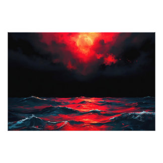 Red Moon Over Dark Ocean Dramatic Fantasy Seascape Photo Print