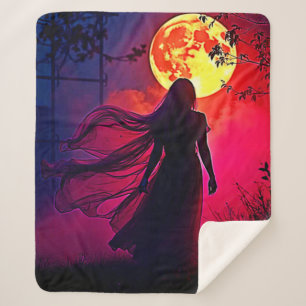 Red Moon Shadow Woman Mystery Design Sherpa Blanket