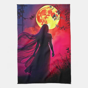 Red Moon Shadow Woman Mystery Design Tea Towel