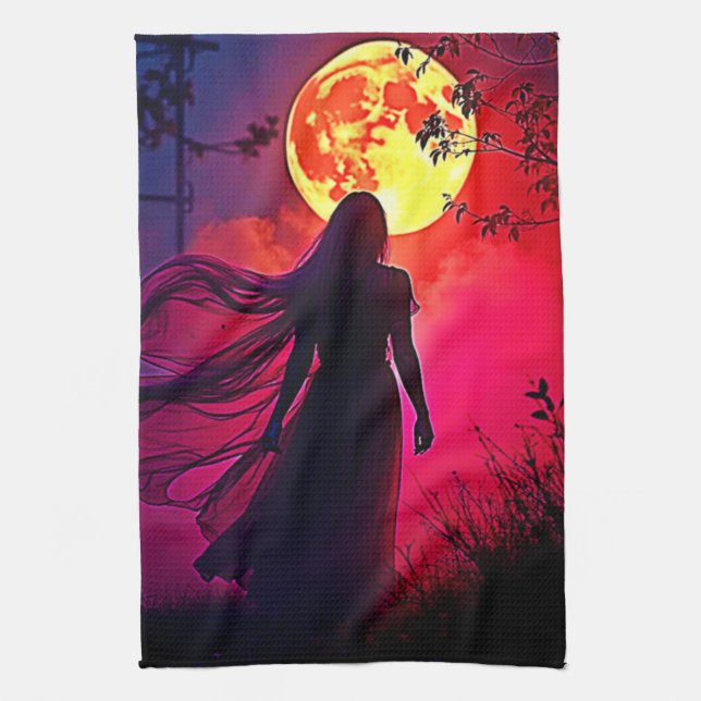 Red Moon Shadow Woman Mystery Design Tea Towel (Vertical)