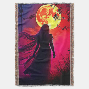 Red Moon Shadow Woman Mystery Design Throw Blanket