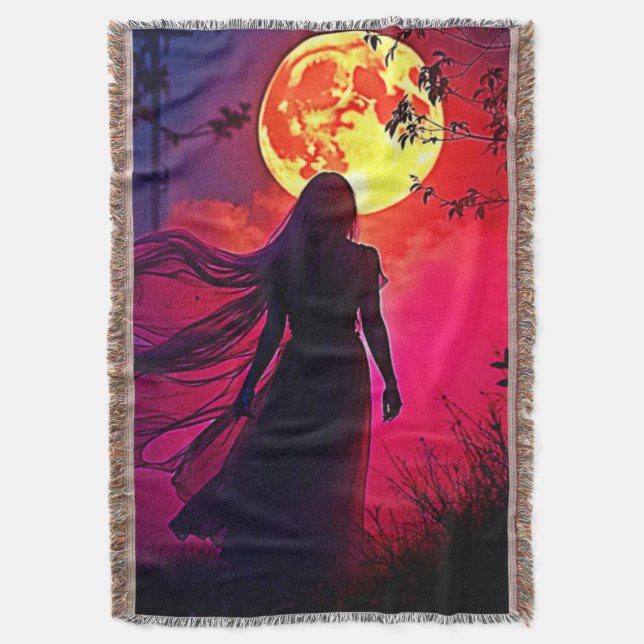 Red Moon Shadow Woman Mystery Design Throw Blanket (Front Vertical)