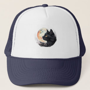 Red Moon with Cat Artistic T-Shirt Design Trucker Hat
