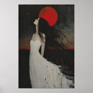 Red Moon Woman Painting, Moody Japanese Wall Art
