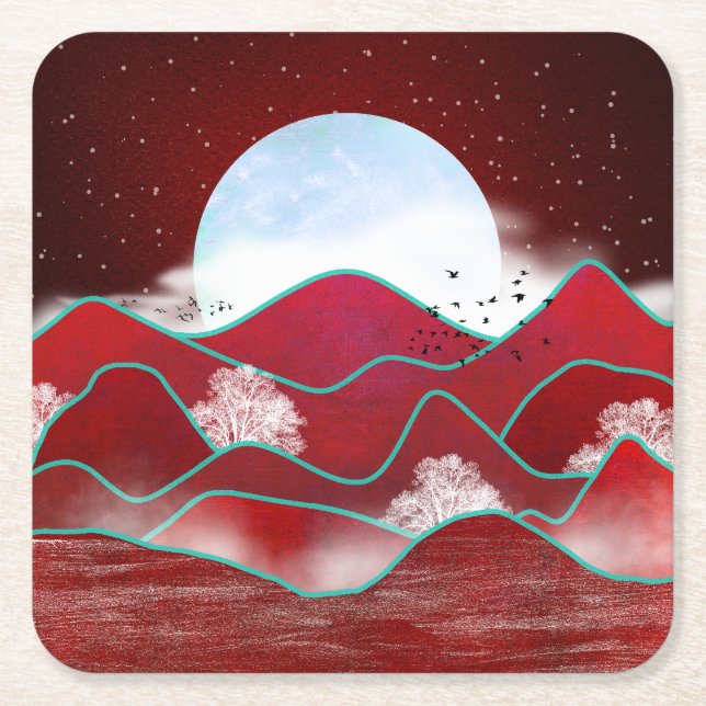 Red Moonrise Square Paper Coaster (Front)
