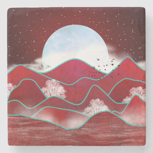 Red Moonrise Stone Coaster (Front)