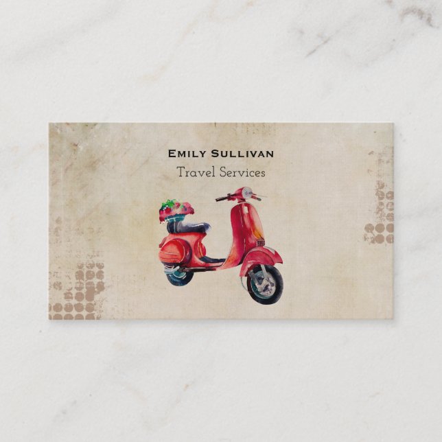 Red Moped In Watercolor With Flower Basket Business Card (Front)