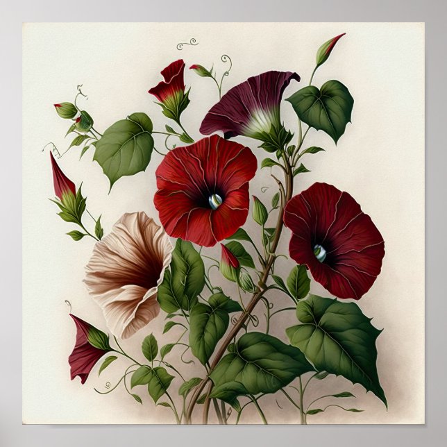 Red Morning Glory Flowers Art Print Poster (Front)