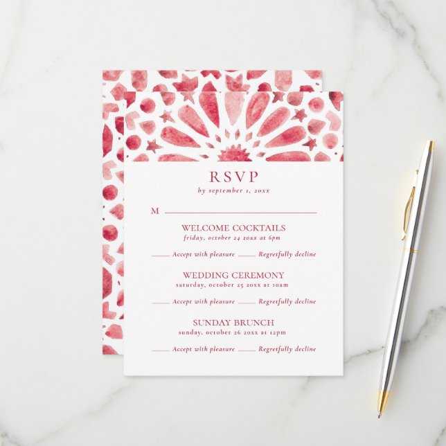 Red Moroccan Pattern Multi Event Wedding RSVP Card (Front/Back In Situ)