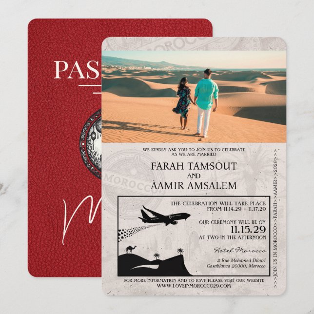 Red Morocco Passport Wedding Invitation (Front/Back)
